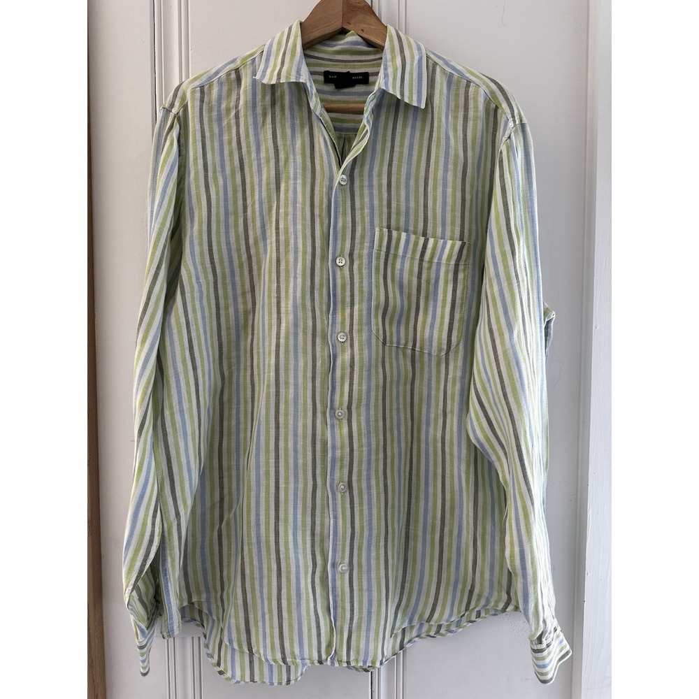 Banana Republic Linen Shirt Mens M Green Blue Stripe Button Up Casual